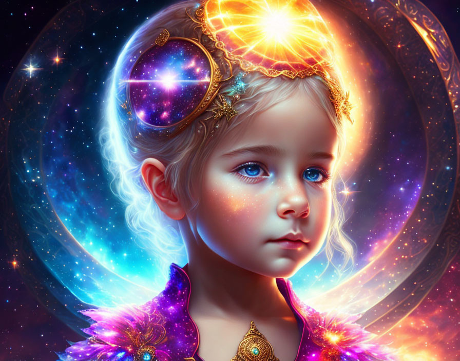 Young girl digital artwork: blue eyes, cosmic aura, golden headpiece, purple clothing, starry