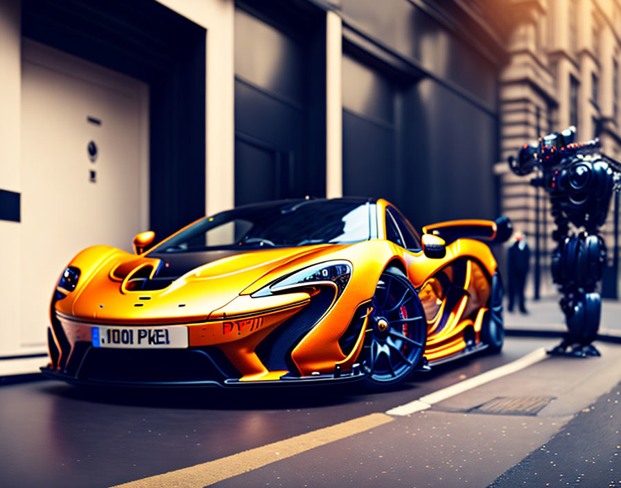 Orange Sports Car Parked on City Street with Robot Figure in Background