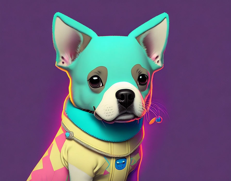 Vibrant digital artwork: stylized teal dog in pink jacket on purple background