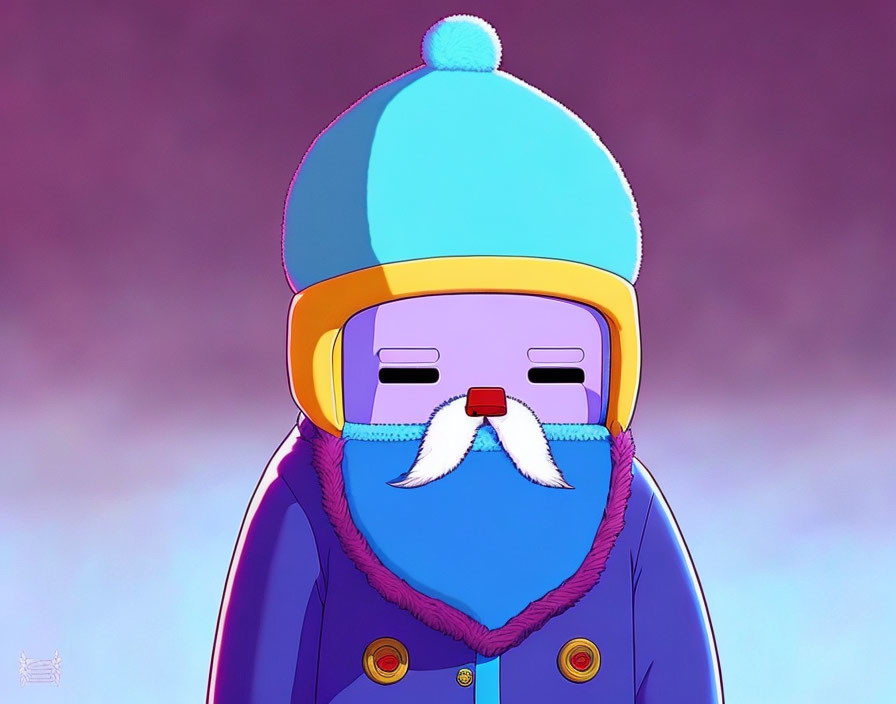 Blue-hatted cartoon character with white mustache in purple coat on purple background