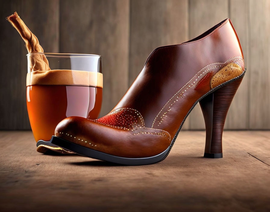 Brown High-Heeled Shoe Styled as Men's Brogue with Tea Splash