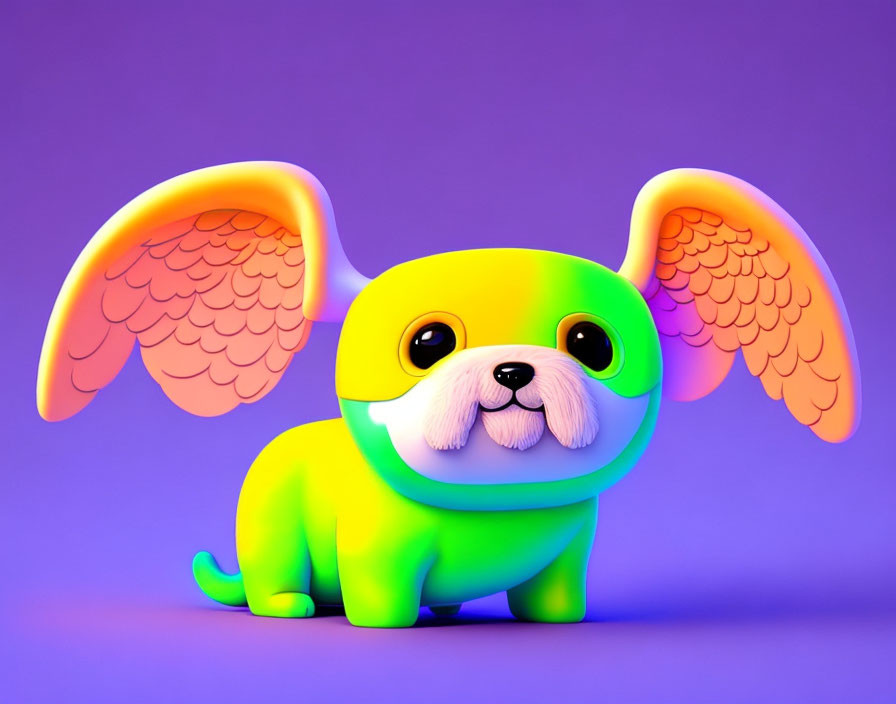 Vibrant winged dog with oversized ears on purple background