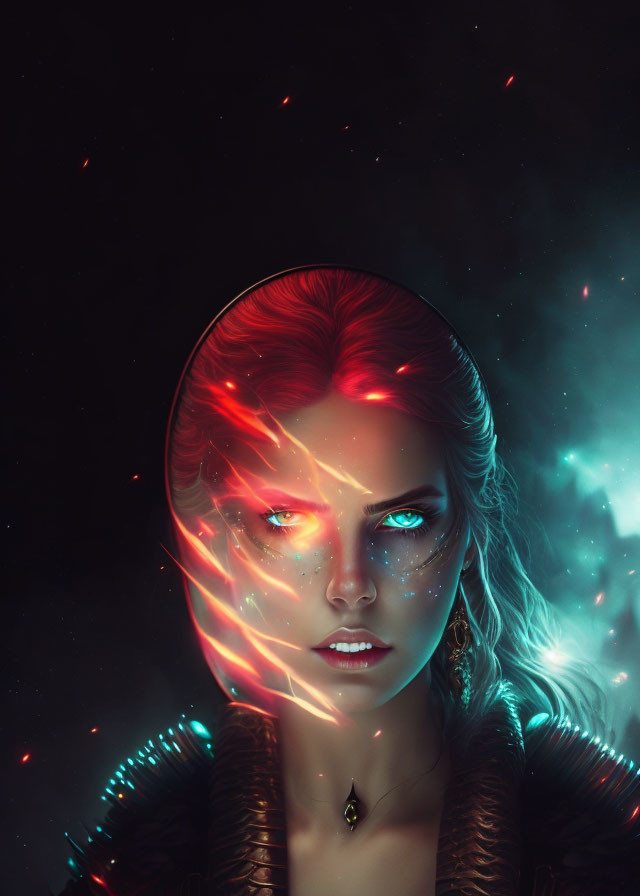 Digital artwork: Woman with cosmic fiery glow on half face, against starry night background, emphasizing intense