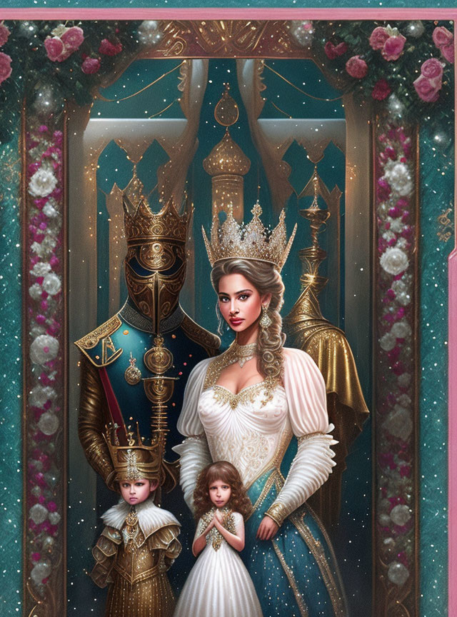 Royal family portrait: Queen in white gown, crown, with king in armor & two children.