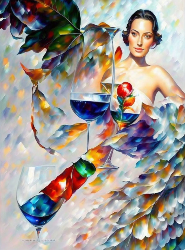 Vibrant surrealistic painting of woman with feather-like elements and wine glass.