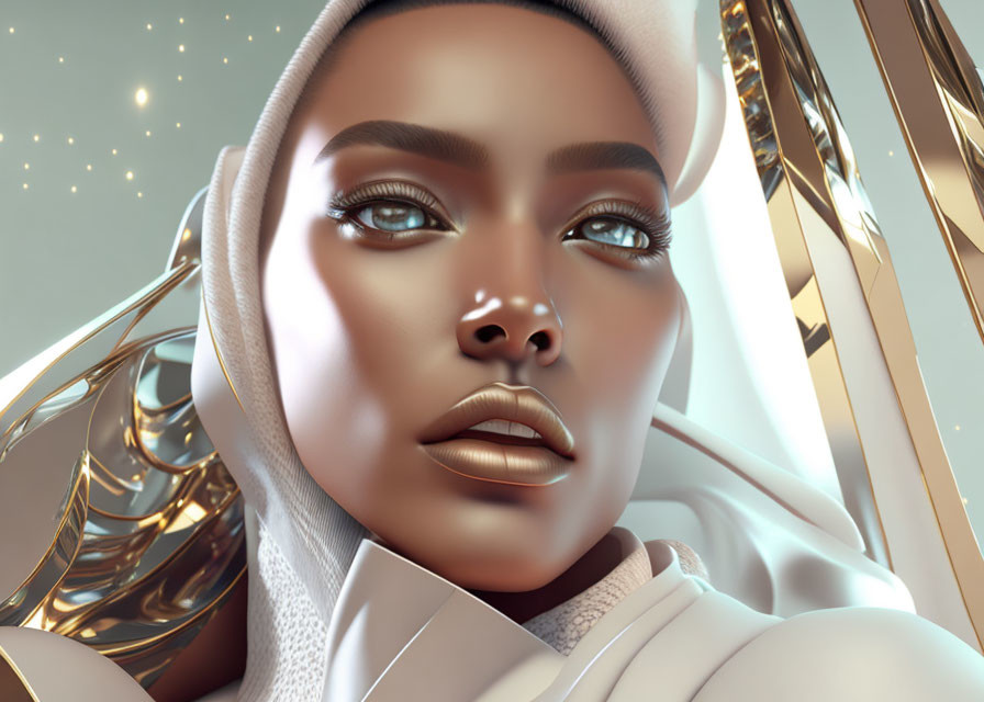 Digital 3D portrait of woman with golden complexion in white headscarf and outfit on gold background