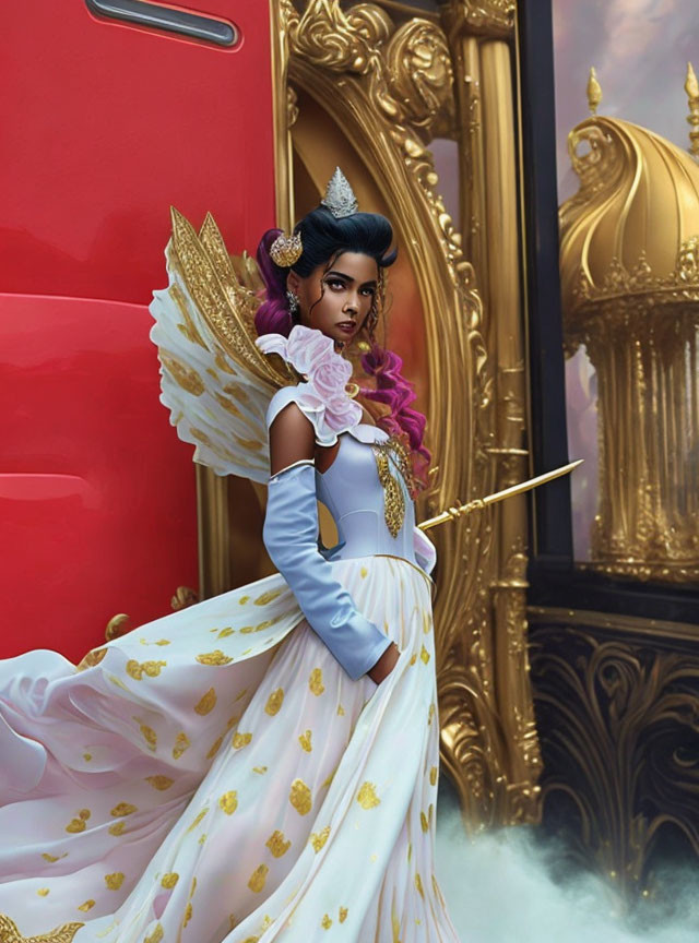 Fantasy woman with wings and wand in front of red and gold ornate backdrop