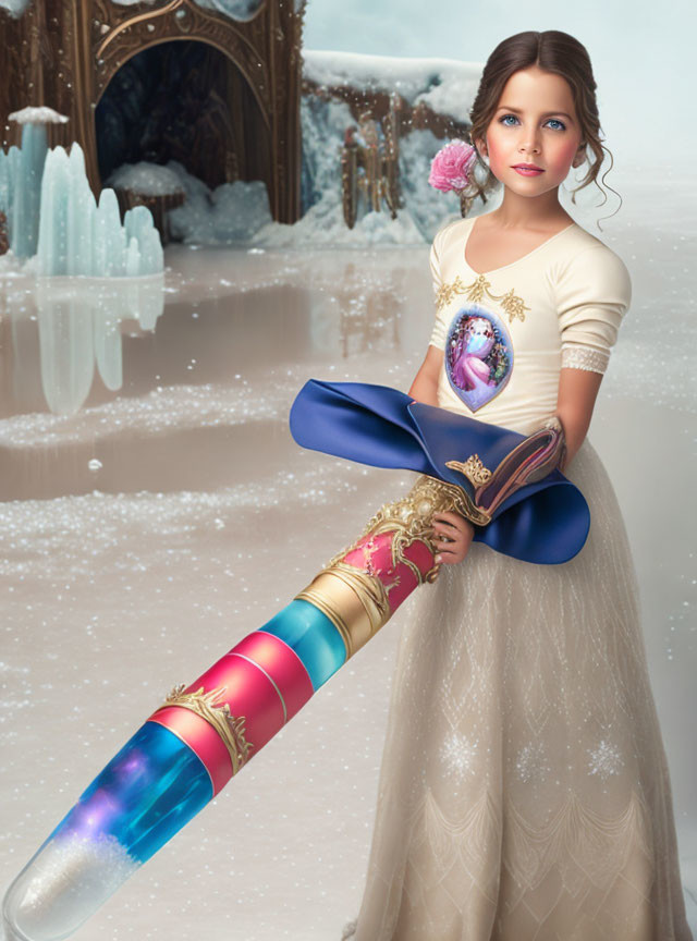 Young girl with magical paintbrush in snowy fantasy scene