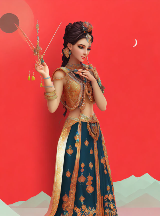 Illustration of woman in traditional Eastern attire on red background with crescent moon