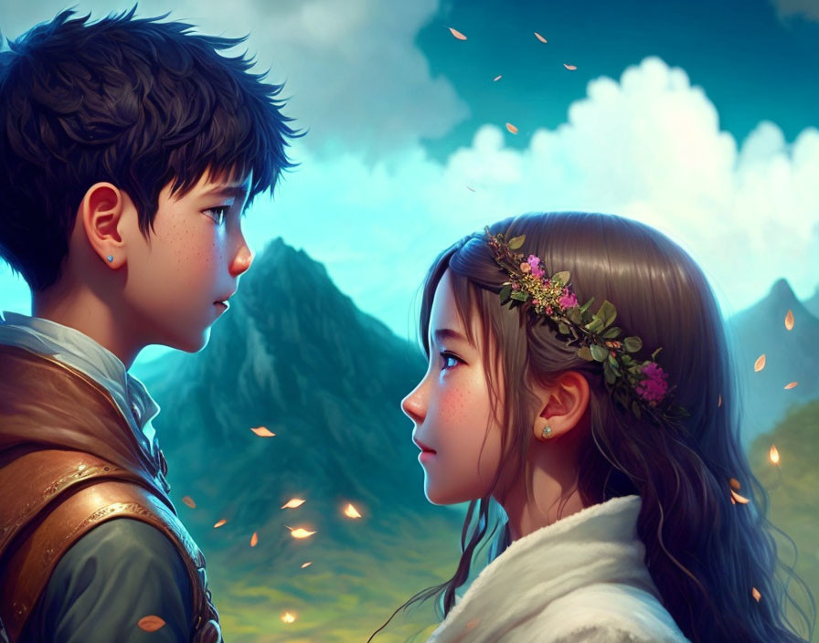 Boy and girl animated characters in magical mountain backdrop with floating embers