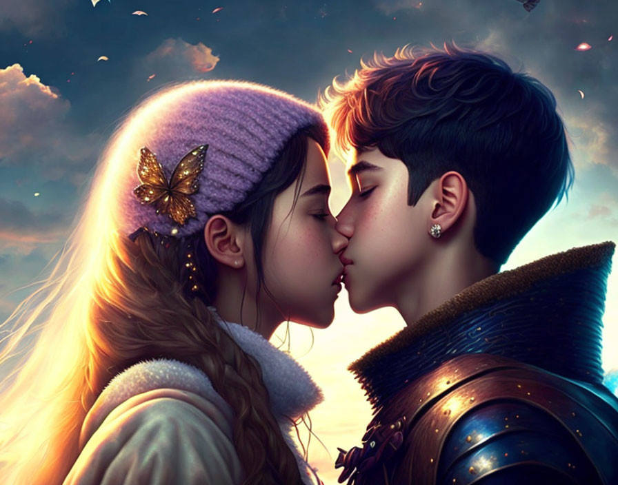 Young couple in tender kiss, girl in pink beanie with butterfly, boy in armor, against dream