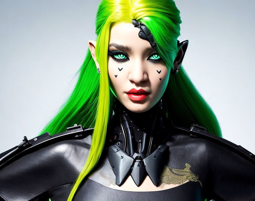 Fantasy character with neon green hair, elf ears, heart tattoos, futuristic armor