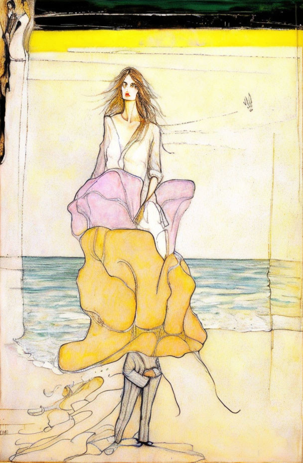 Sketch of woman on yellow rock by sea with flowing hair and white/pink dress