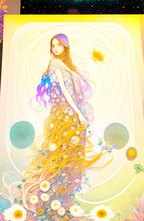 Vibrant illustration: woman with multicolored hair, celestial and floral motifs, starry background