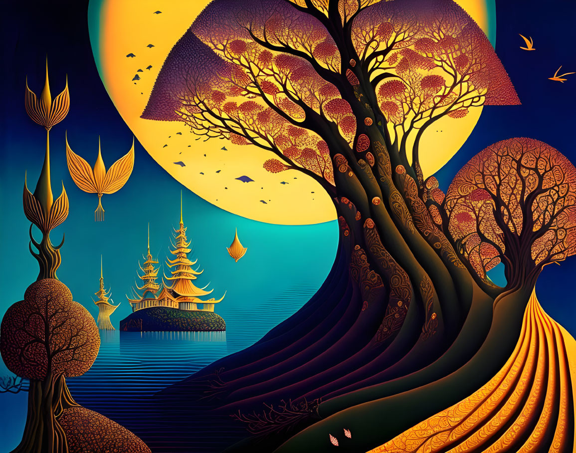 Colorful painting of swirling trees, moon, temple, and floating leaves on island.