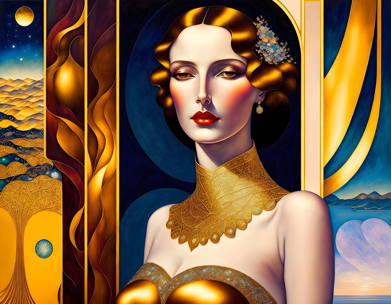 Art Deco Style Portrait of Woman with Stylized Features