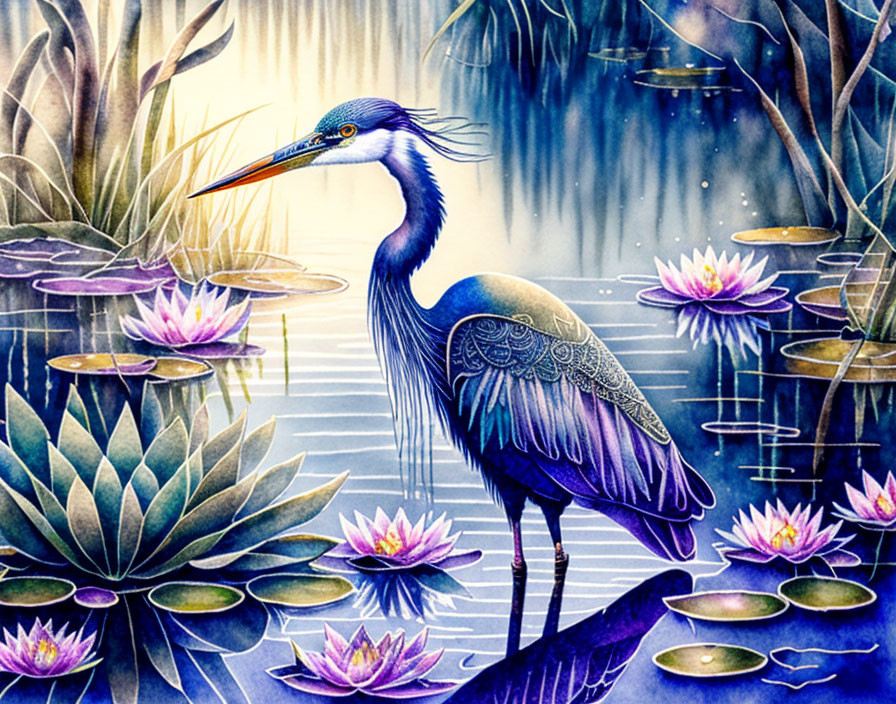 Vibrant heron in twilight rain among water lilies