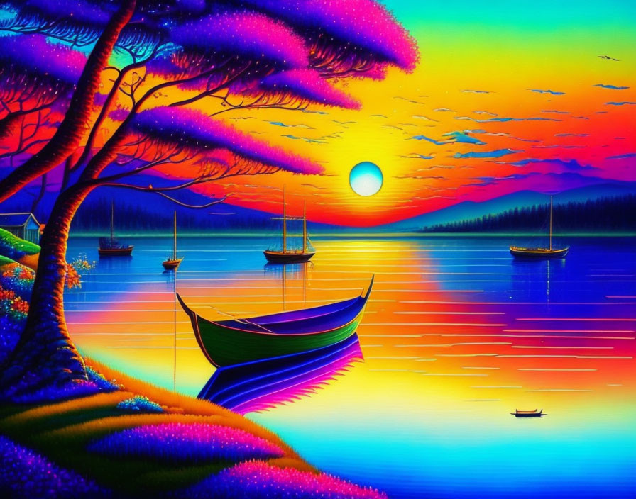 Colorful digital artwork: mystical sunset, vibrant trees, calm waters, boats