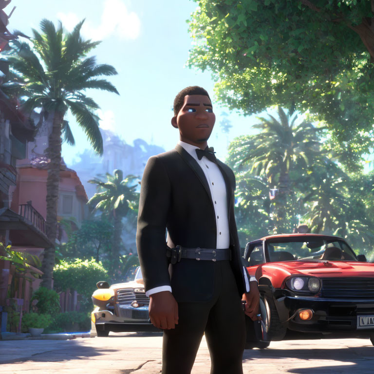 Stylized animated character in tuxedo on sunny street with classic cars and palm trees