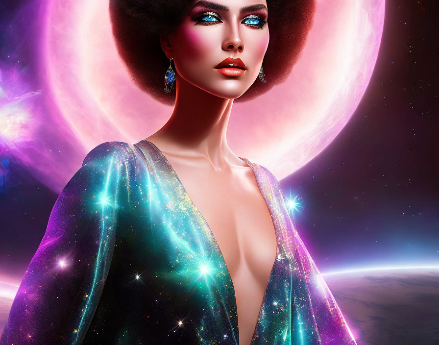 Digital portrait of woman with cosmic makeup and attire against pink planet backdrop.