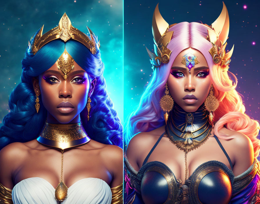 Stylized fantasy portraits of women with golden headpieces and vibrant hair colors