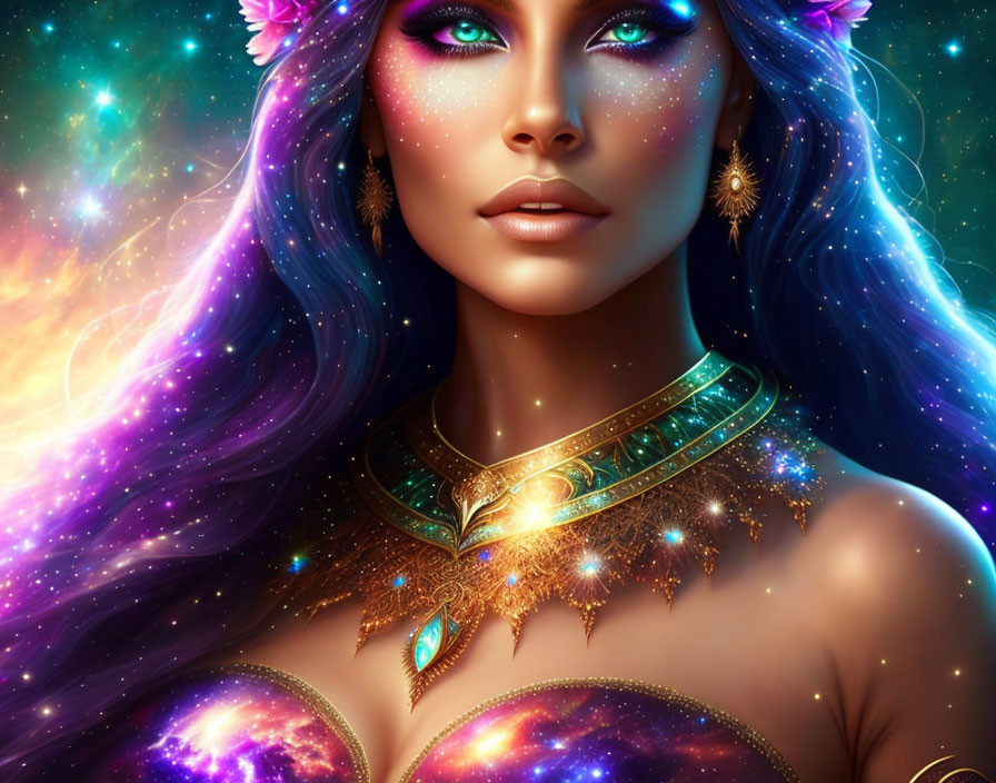 Digital artwork featuring woman with cosmic-themed elements