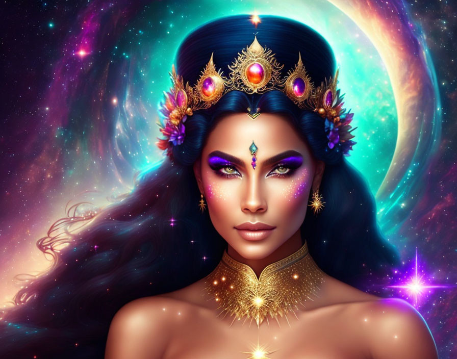 Mystical woman with cosmic background and vibrant celestial theme