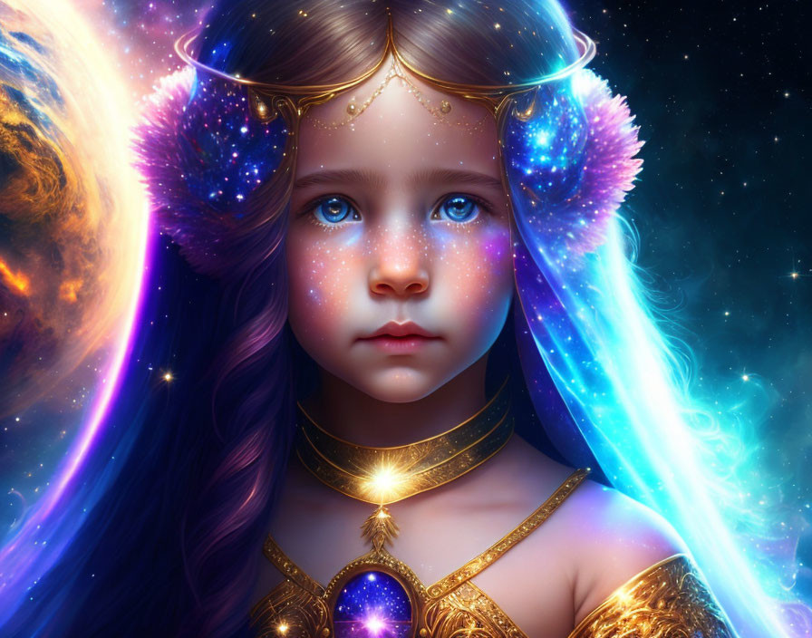 Cosmic-themed digital artwork of young girl with blue eyes and dark hair