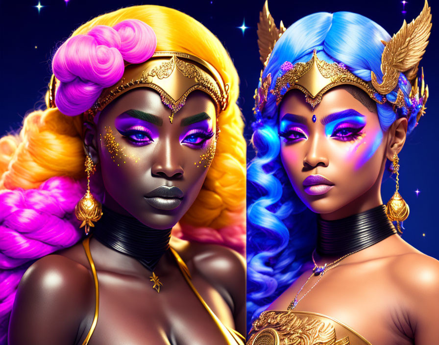 Vibrant pink and blue-haired fantasy characters with golden headdresses and intricate facial markings on starry