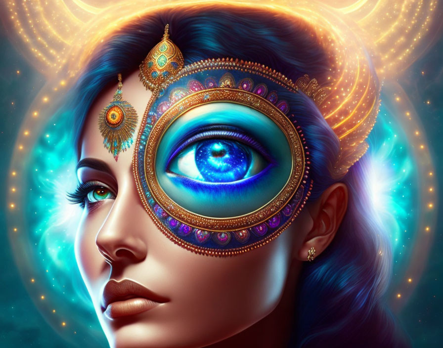 Digital artwork: Woman with cosmic third eye, ethereal glow, celestial motifs