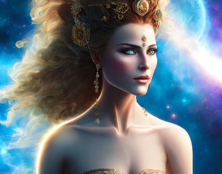 Cosmic-themed digital artwork of a woman with golden jewelry.