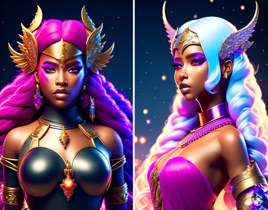 Regal female figures with horns in fantastical armor against starry backdrop, one with purple and one