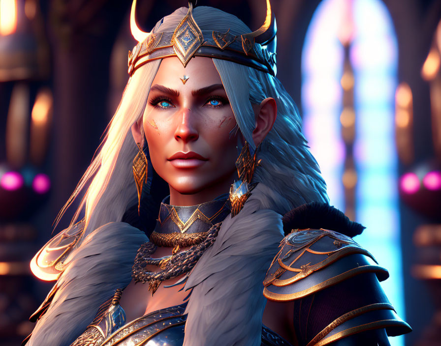 White-haired elf queen with blue eyes and golden crown in ornate hall