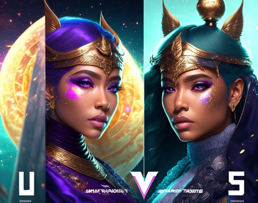 Stylized digital portraits: Woman with futuristic golden headgear and vibrant makeup on cosmic backgrounds