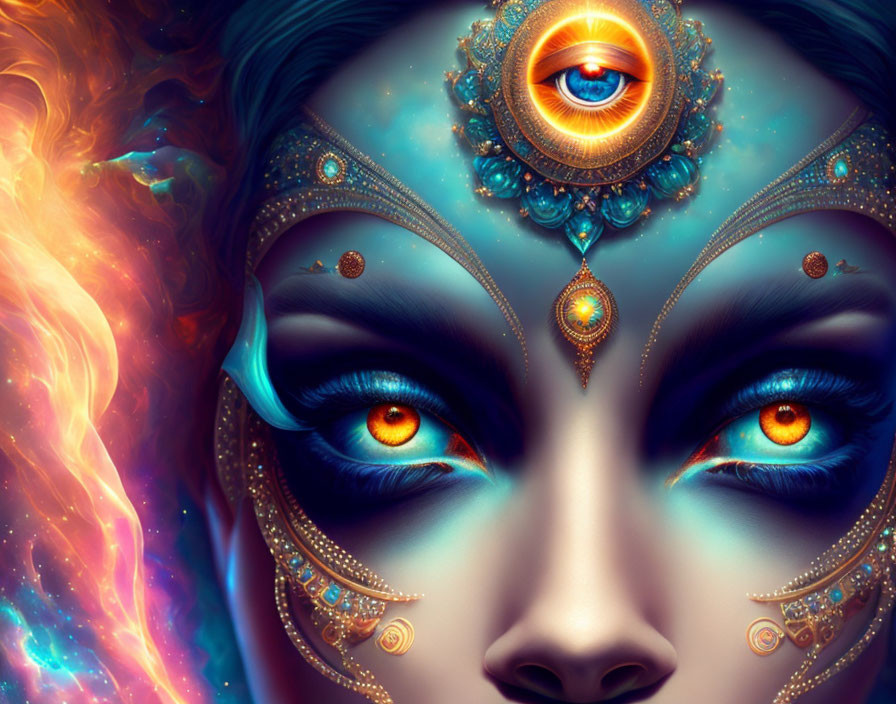 Illustration of face with cosmic-themed eyes and jewelry against starry backdrop