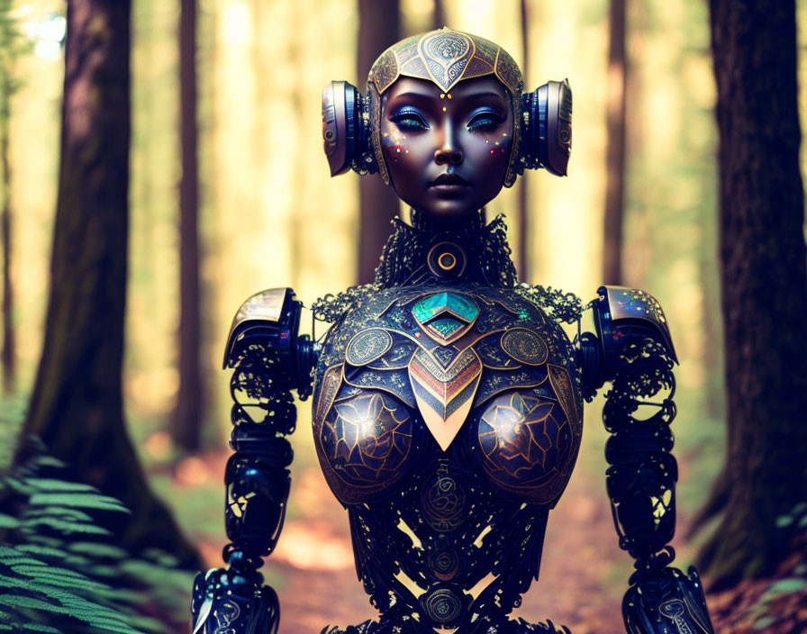 Intricate female android with headphones in sunlit forest