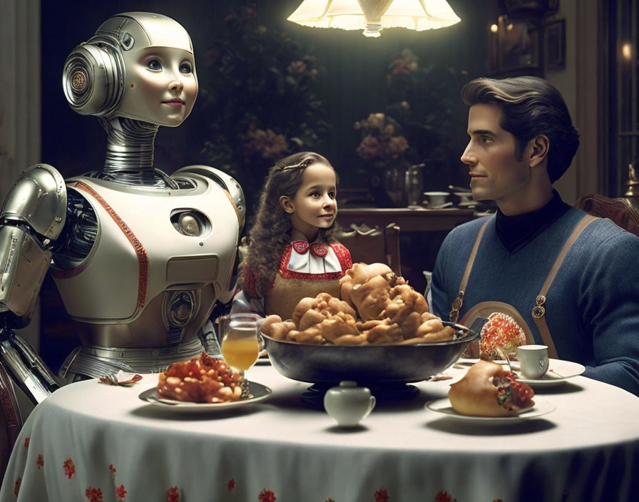 Futuristic robot with human-like face at dinner table with girl and man