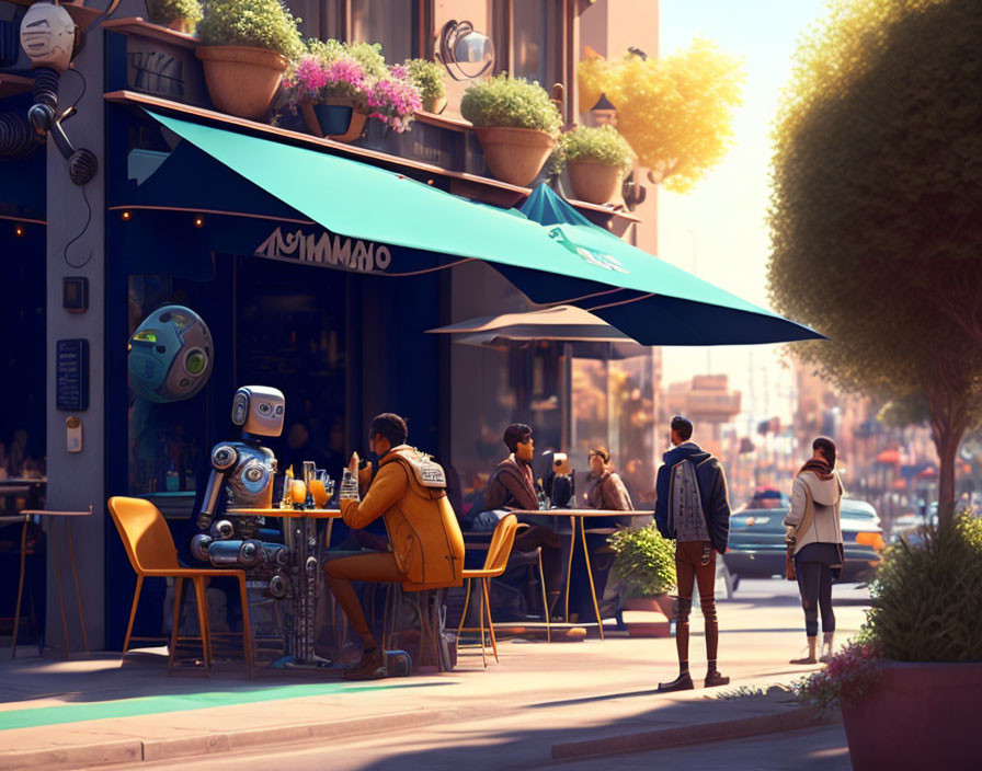 Sidewalk Café Scene with Robot Waiter and City Street Background