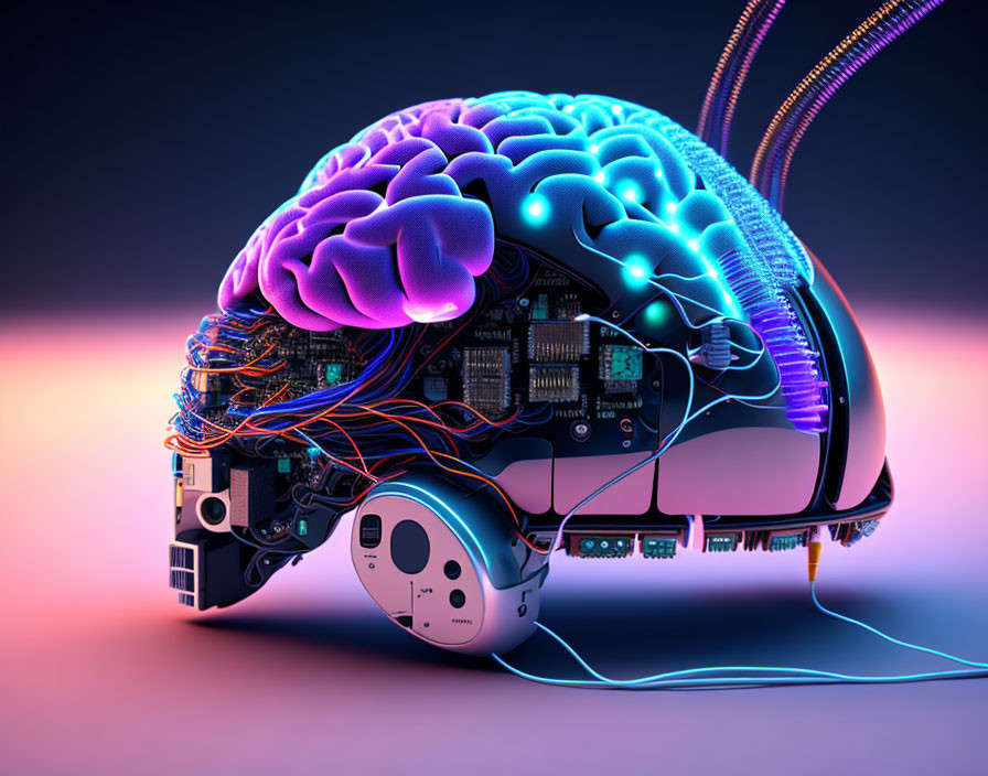 Colorful digital illustration of human brain fused with electronics on purple background