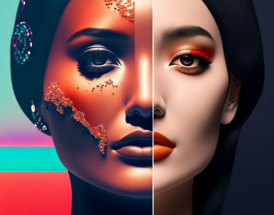 Stylized split composition: glitter tears, cool and warm hues, neon backdrop