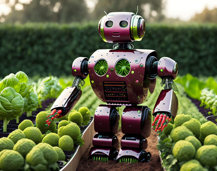 Humanoid Robot Harvesting Vegetables in Lush Garden