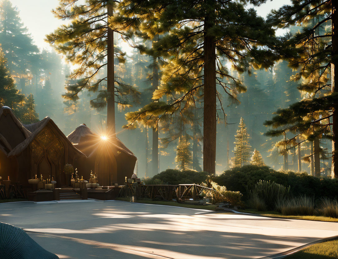 Tranquil forest sunrise over cozy cabins