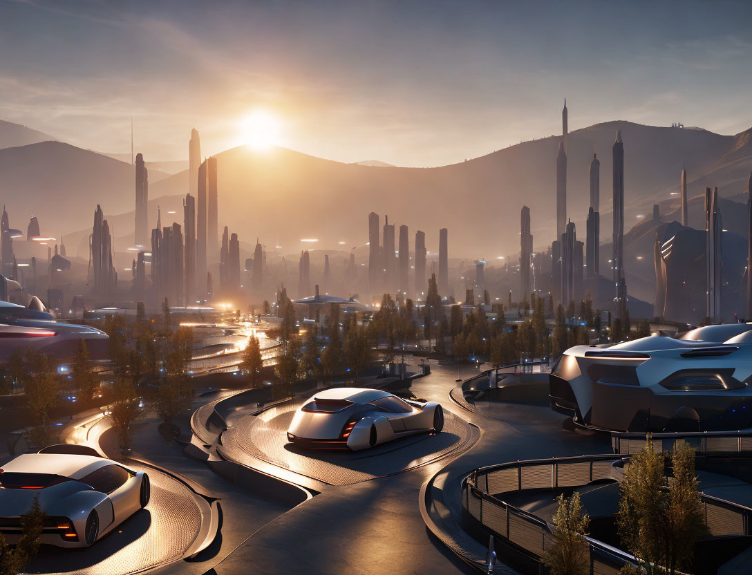 Futuristic cityscape: sleek buildings, autonomous vehicles, smooth roads