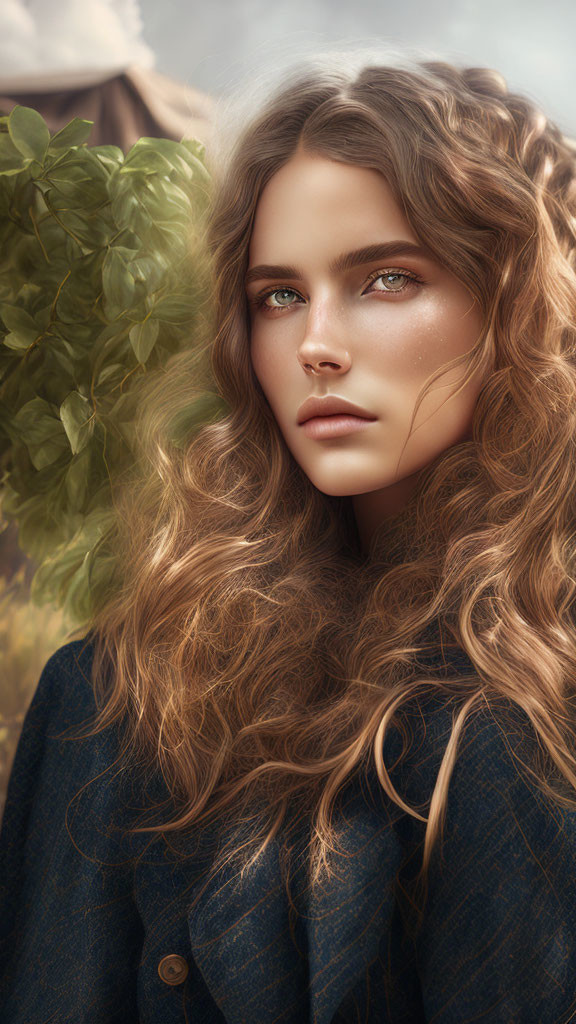 Digital portrait of woman with wavy hair and green eyes, featuring leafy branch and rural background.