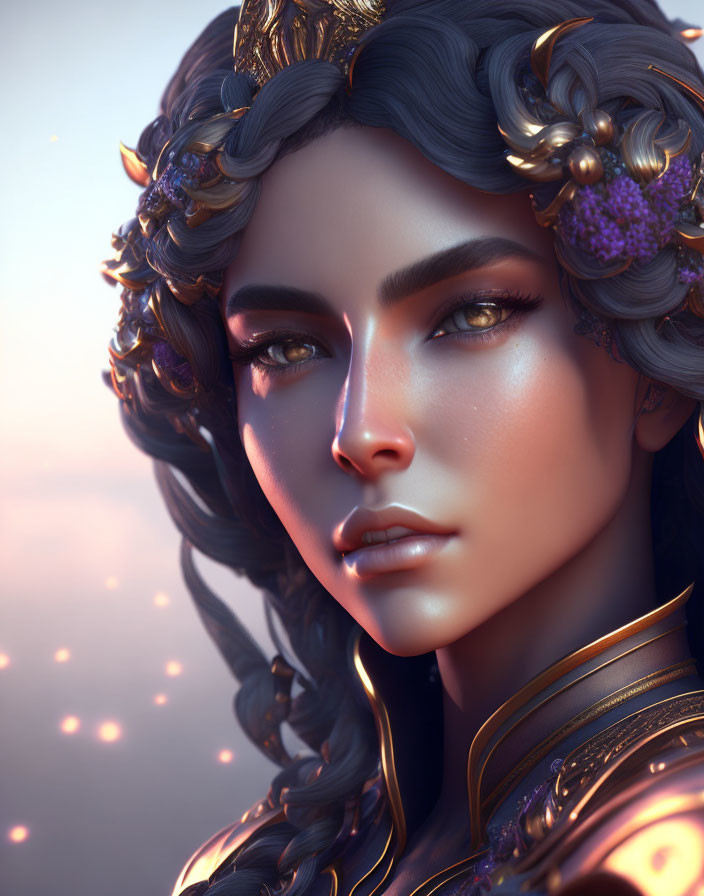 Fantasy female character with intricate golden hair and detailed armor