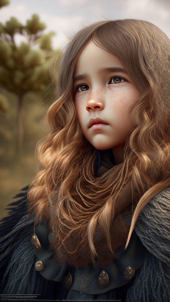 Young girl with wavy brown hair in dark coat and scarf.