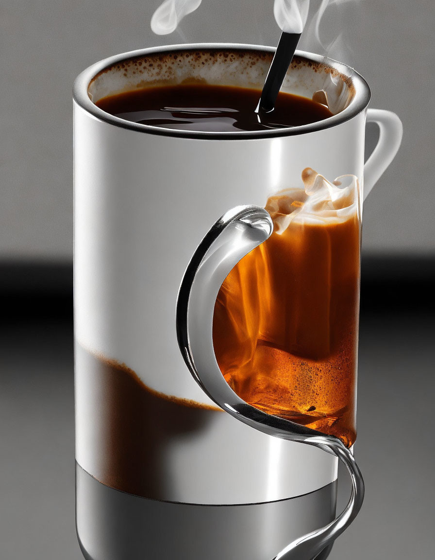 Liquid splash in mug forms heart shape with steamy coffee.