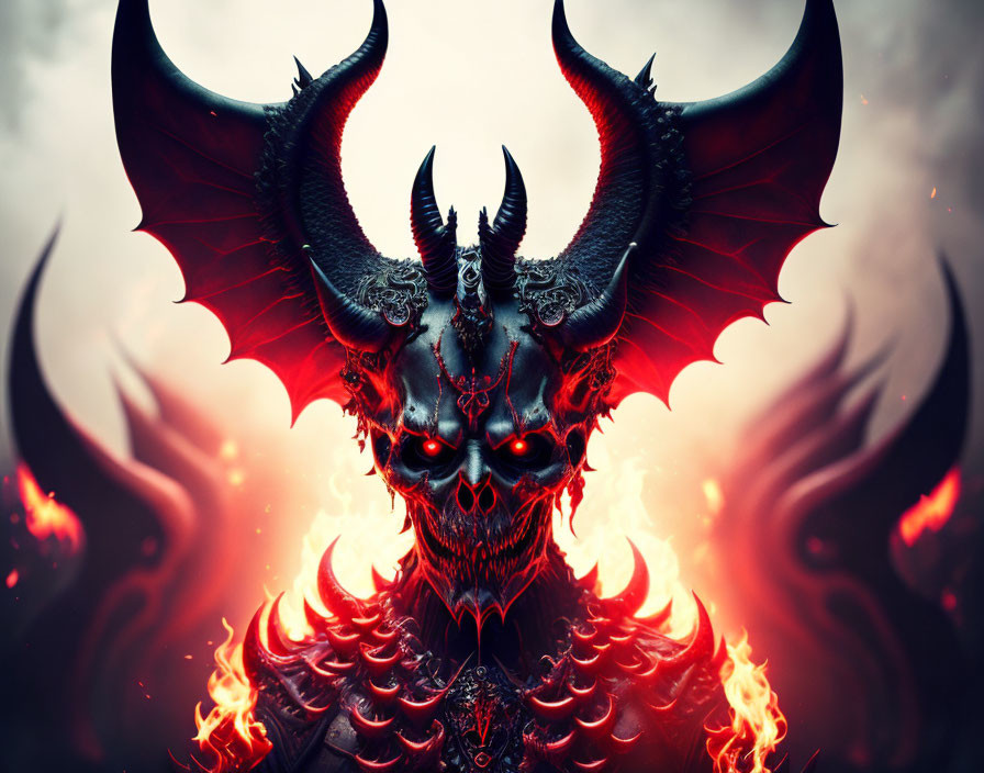 Horned demonic creature in fiery setting with red eyes