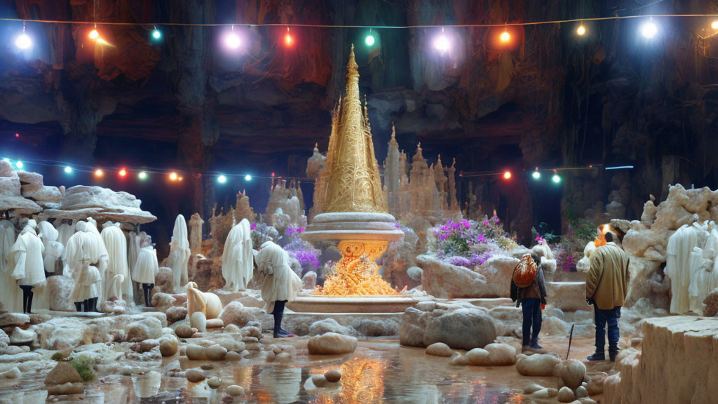 Golden Pagoda Illuminated in Cave with Colorful Lights and People in Warm Clothes Amidst Stal