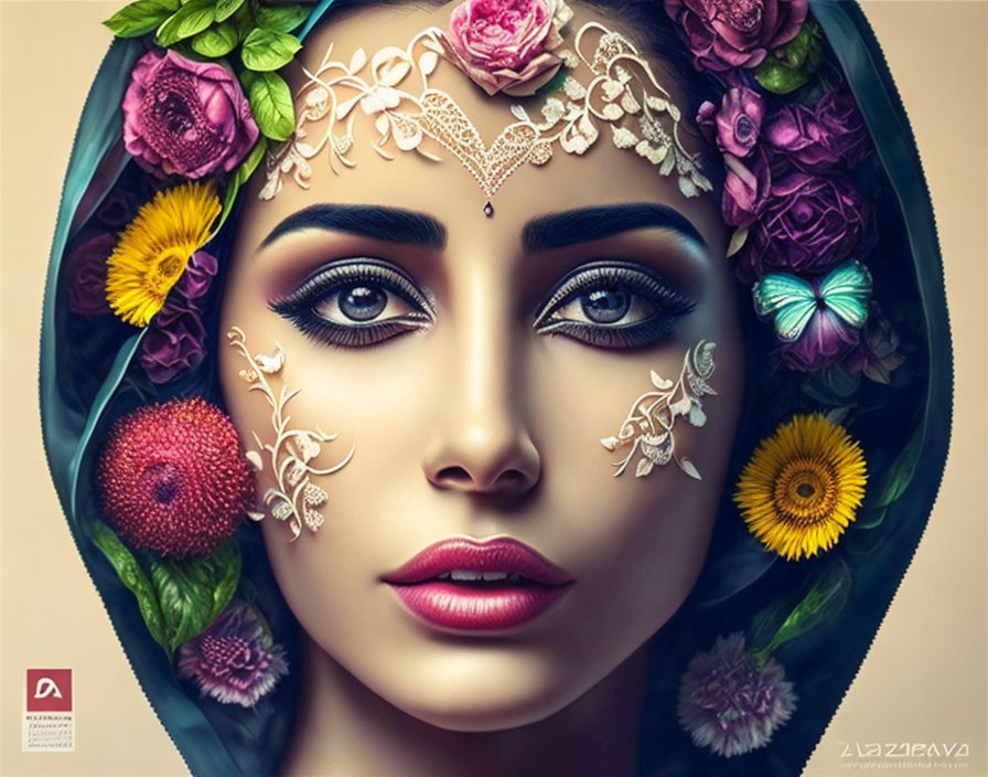 Detailed digital artwork: woman with floral headwear, intricate face jewelry, vibrant makeup